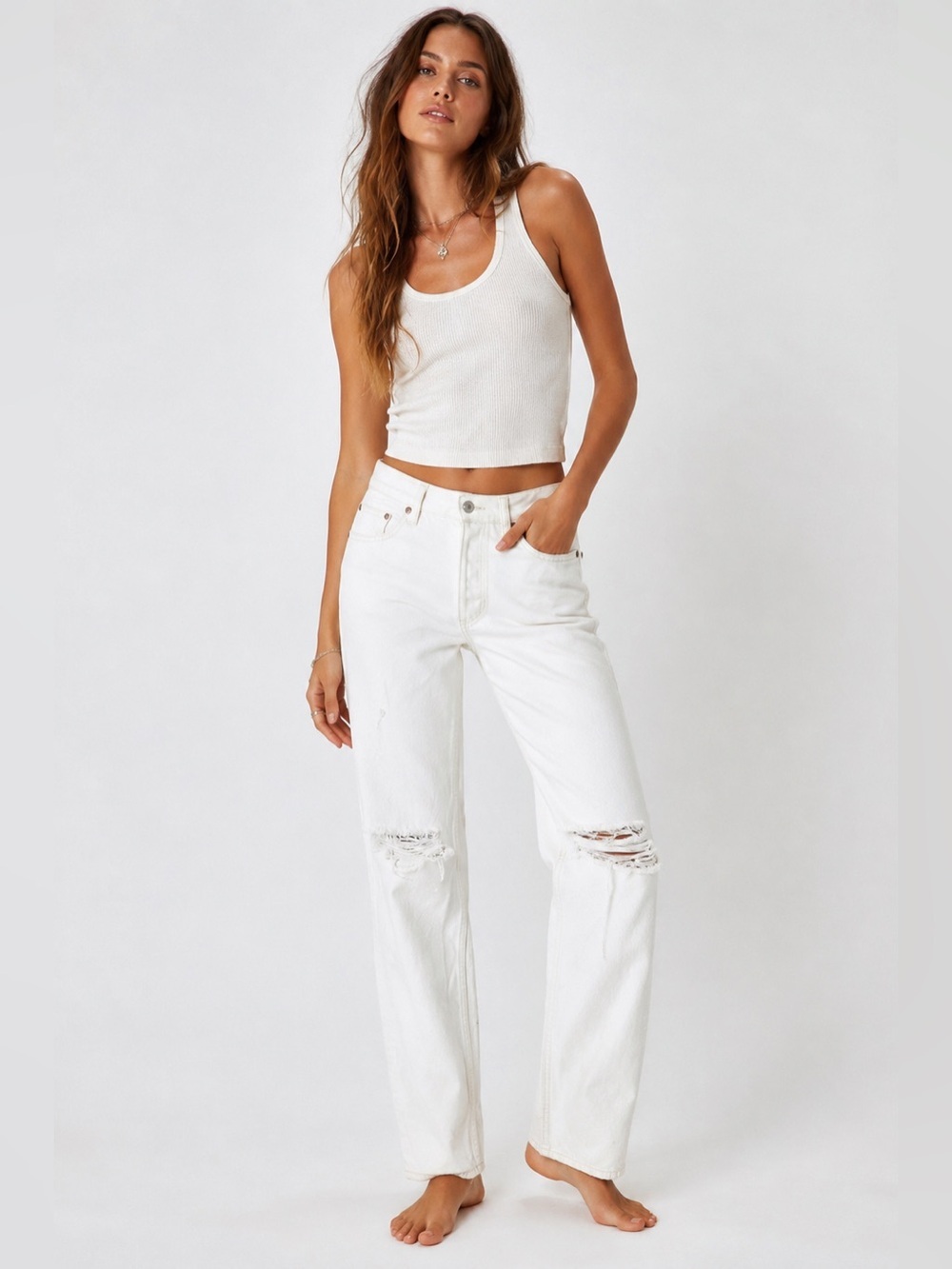 We the Free Maggie DistressedStraight Leg White Jeans size 29 High Rise